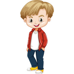 Young Boy Standing Confidently Wearing A Red Jacket White T-shirt Blue Jeans And Yellow Shoes With A Transparent Background