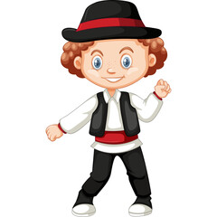 Young Boy Wearing A Black Hat With Red Band And Traditional Folk Costume With White Shirt Black Vest And Black Pants And Red Sash Smiling And Dancing