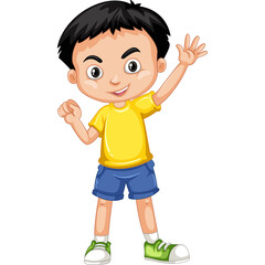 Young Boy With Short Black Hair Wearing A Yellow T Shirt And Blue Shorts Waving Hello