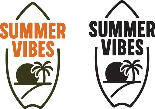 Summer vibes surfboard illustration with tropical design and good mood message