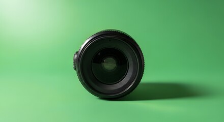 A professional camera lens placed on a vibrant green background, highlighting photography equipment used by enthusiasts and professionals alike