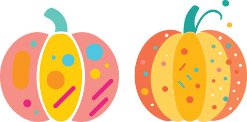 Two colorful decorative pumpkins with whimsical patterns and playful shapes