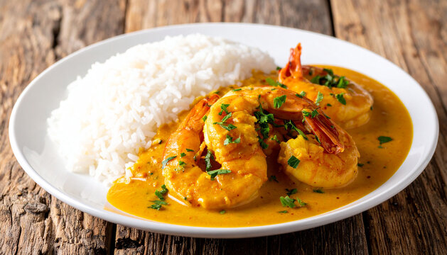 Bob&oacute; de Camar&atilde;o with White Rice  on wooden background       