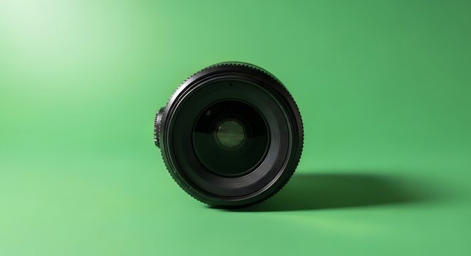 A professional camera lens placed on a vibrant green background, highlighting photography equipment used by enthusiasts and professionals alike