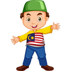 Cartoon boy wearing a green cap and a shirt with the Malaysian flag design standing with arms open and a happy expression against a white background.