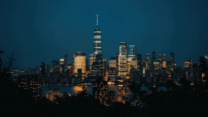 Panoramic view of a vibrant city skyline at twilight. Modern illuminated skyscrapers reflect on the calm river. The urban landscape transforms from dusk to night - Powered by Adobe