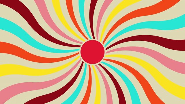 Vibrant rotating sunburst animation with wavy multicolor rays and a bold central circle, ideal for retro intros, motion graphics, and dynamic backgrounds. Looping 4K video