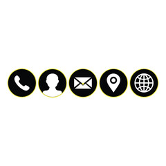 Business icon set for company details featuring name, phone, mobile, location, address pin, email, website, and message icons in black and white, clean vector style 