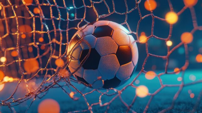 Striking soccer ball captured mid-goal, dramatic and artistic lighting