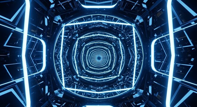 Futuristic digital tunnel with glowing blue neon lights and geometric patterns creating a sense of depth and motion in a sci-fi environment