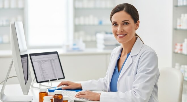 Confident female pharmacist efficiently manages patient records from her modern desk, ensuring wellness with a warm smile - Powered by Adobe