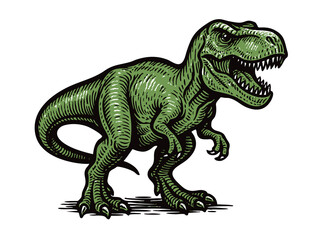 T-Rex dinosaur in a prehistoric setting with plants, mountains, and a red sun in the background sketch engraving generative ai raster illustration. Scratch board imitation. Black and white image.