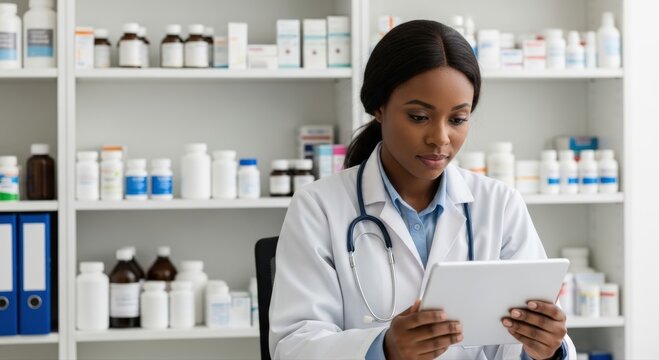 Dedicated Black female pharmacist diligently reviews prescription details on a digital tablet, surrounded by numerous medicine bottles in a professional pharmacy setting