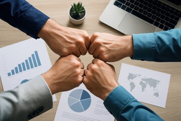 Dynamic business team's fist bump gesture unifies partners, celebrating collaborative success and strategic achievement across diverse global markets