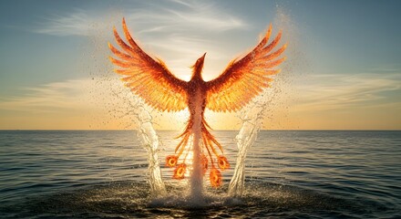 A majestic bird with outstretched wings rising from the water at sunset, creating a dramatic and inspiring scene with vibrant colors and dynamic motion