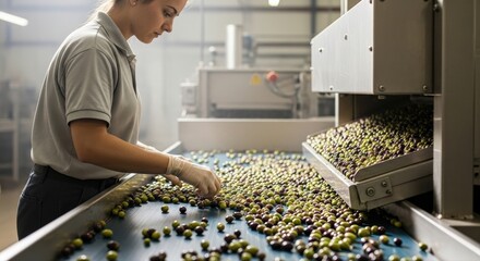 Female worker diligently sorts fresh green and black olives on a modern factory conveyor belt, ensuring quality production for delicious olive oil