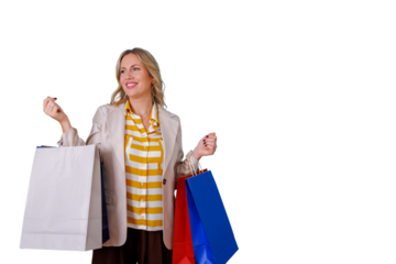 Happy woman shopping, holding colorful bags, feeling excitement for retail therapy and consumerism, transparent background