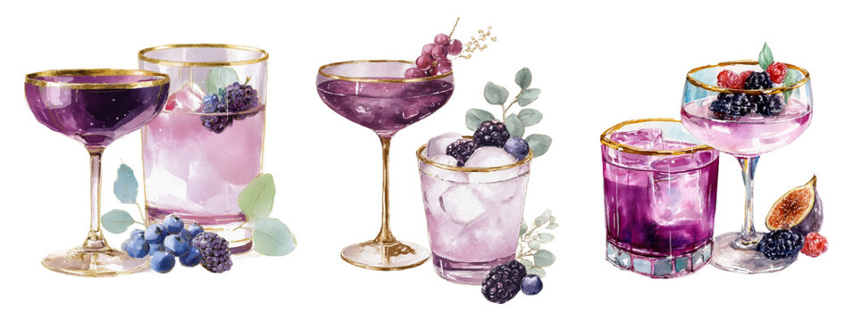 Set of vintage glasses with berry cocktails. Elegant glasses with gold decor decorated with blueberries, currants and figs with eucalyptus leaves. Vintage whimsical cocktails. - Powered by Adobe