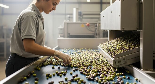 Female worker diligently sorts fresh green and black olives on a modern factory conveyor belt, ensuring quality production for delicious olive oil