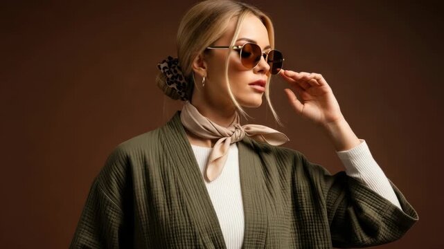 A stylish female adult caucasian model poses in a trendy green kimono jacket and sunglasses. She wears a chic neck scarf and leopard print scrunchie, showcasing modern casual fashion