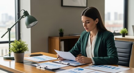 Focused businesswoman in an emerald blazer intently analyzes important financial data and charts on her modern office desk, symbolizing diligent strategic planning