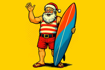 Fototapeta premium Santa Claus in summer beachwear holding a surfboard and waving, blending Christmas spirit with a tropical holiday vibe. Generative ai vector colorful pop art illustration.