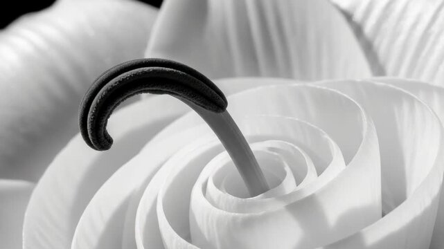 Monochrome macro sequence of a calla lily flower in bloom. Abstract floral art with elegant swirling petals and a dark stamen. A beautiful botanical banner for design