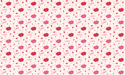 Seamless Valentine’s Day pattern with red and pink lips, tiny hearts, soft abstract shapes and handwritten “love” lettering. Cute romantic background for wrapping paper, cards and decor