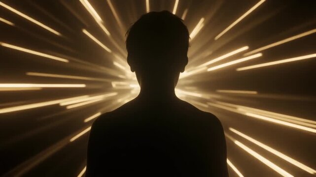 Silhouette of a person against a dynamic, radiating light burst backdrop, creating a sense of energy, mystery, and vibrant visual appeal.