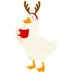 Cute and happy Christmas goose with deer’s horns and hot chocolate. Charming illustration in flat cartoon style for greeting cards, season greetings, end other design. © Алла Машичева