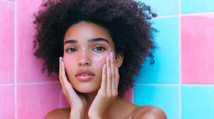 Woman with curly hair applying skincare in a vibrant bathroom during a self-care routine