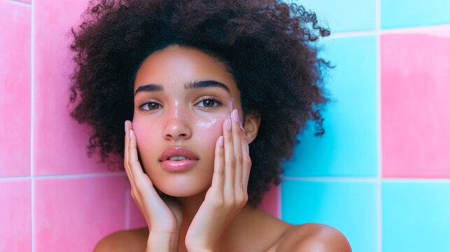 Woman with curly hair applying skincare in a vibrant bathroom during a self-care routine