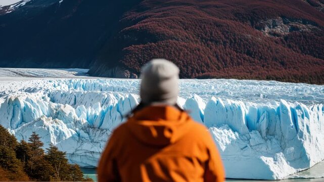 Tourist in an orange jacket admiring the massive perito moreno glacier in argentina. Panoramic landscape of the patagonian ice field and mountains in los glaciares national park