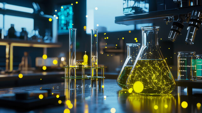 Laboratory setting with glassware and glowing substances showcasing scientific research processes