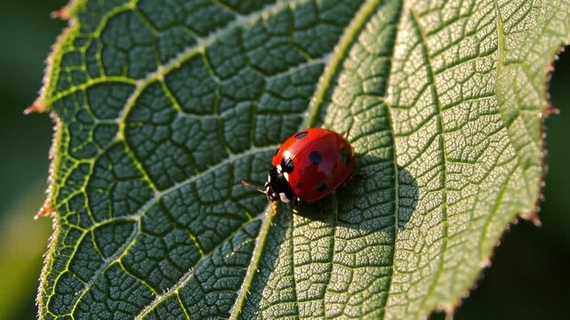 Close-up view of a ladybug resting on a green leaf in a sunny garden landscape
