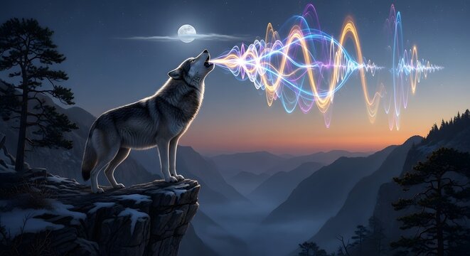 A majestic wolf howling at the moon on a mountain cliff with colorful sound waves emanating from its mouth under a starry night sky with mountains in the background