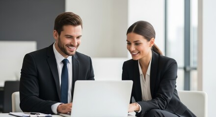 Smiling business professionals enthusiastically collaborate on a laptop, driving innovation and strategic growth within their modern corporate environment