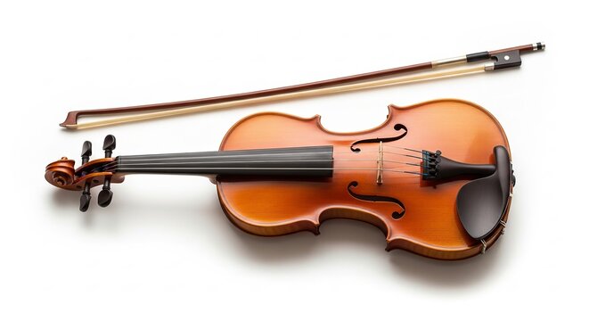 Elegant violin and bow resting on a white surface ready for a classical music performance or lesson