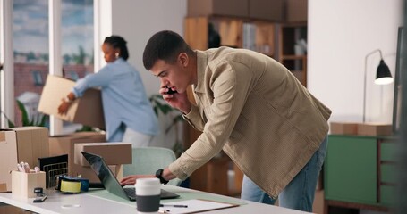 Man, phone call or laptop with boxes for logistics, delivery or shipping in small business startup. Male person, distributor or supplier talking with mobile smartphone or computer for courier service