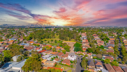 Aerial Panorama Drone View of a inner western Sydney Suburb of Ashbury Urban Sprawl and the...