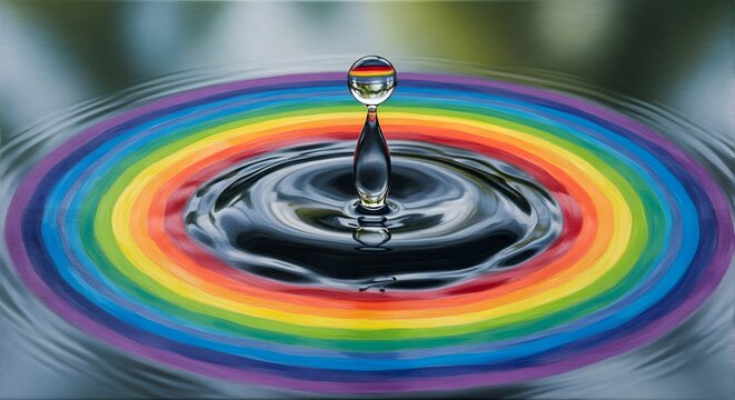 A close-up of a water droplet creating a ripple effect with vibrant rainbow colors on the surface of the water