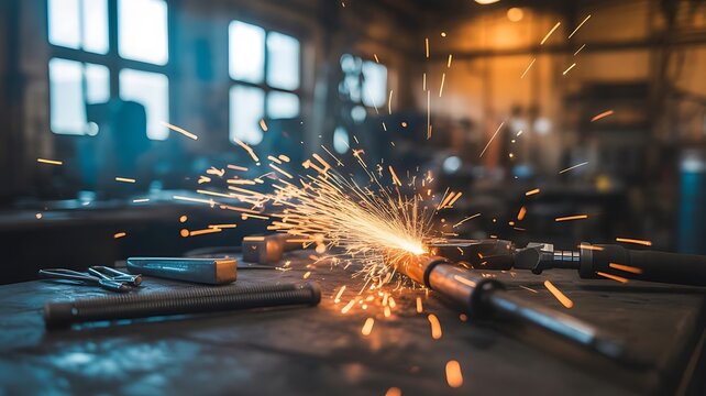 Welding torch sparks flying in a dimly lit workshop with tools on a metal surface image