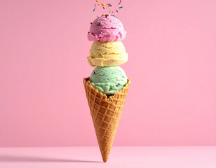 A close-up, eye-level shot of a single, empty waffle cone suspended horizontally.