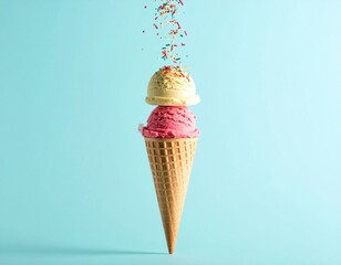 A close-up, eye-level shot of a single, empty waffle cone suspended horizontally.