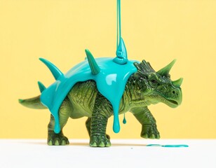 A close-up, medium shot of a vintage plastic Triceratops toy, its body covered in vibrant turquoise slime that is dripping and pooling. The background is a solid, pale yellow