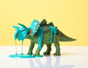 A close-up, medium shot of a vintage plastic Triceratops toy, its body covered in vibrant turquoise slime that is dripping and pooling. The background is a solid, pale yellow