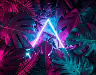 A dense arrangement of exotic tropical leaves, including monstera and ferns, bathed in dramatic neon lighting with vibrant pink and teal hues.