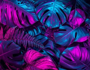 A dense, overhead arrangement of lush tropical leaves, including monstera and ferns, bathed in vibrant pink and teal neon light