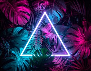 A dense arrangement of exotic tropical leaves, including monstera and ferns, bathed in dramatic neon lighting with vibrant pink and teal hues.