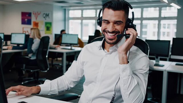 Employees engage in customer support at a modern office, showcasing teamwork and professionalism in a call center environment